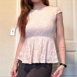 Babydoll Pink Lace Fit & Flare Peplum Blouse XS